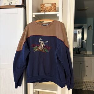 Men's Deer Embroidered Crewneck Sweater - Blue and Tan